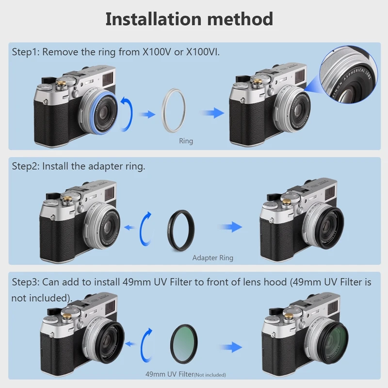 Haoge Lens Filter Adapter Ring for Fujifilm Fuji X100VI X100V Camera fit 49mm UV CPL ND Filter Lens Cap Replace AR-X100 Black