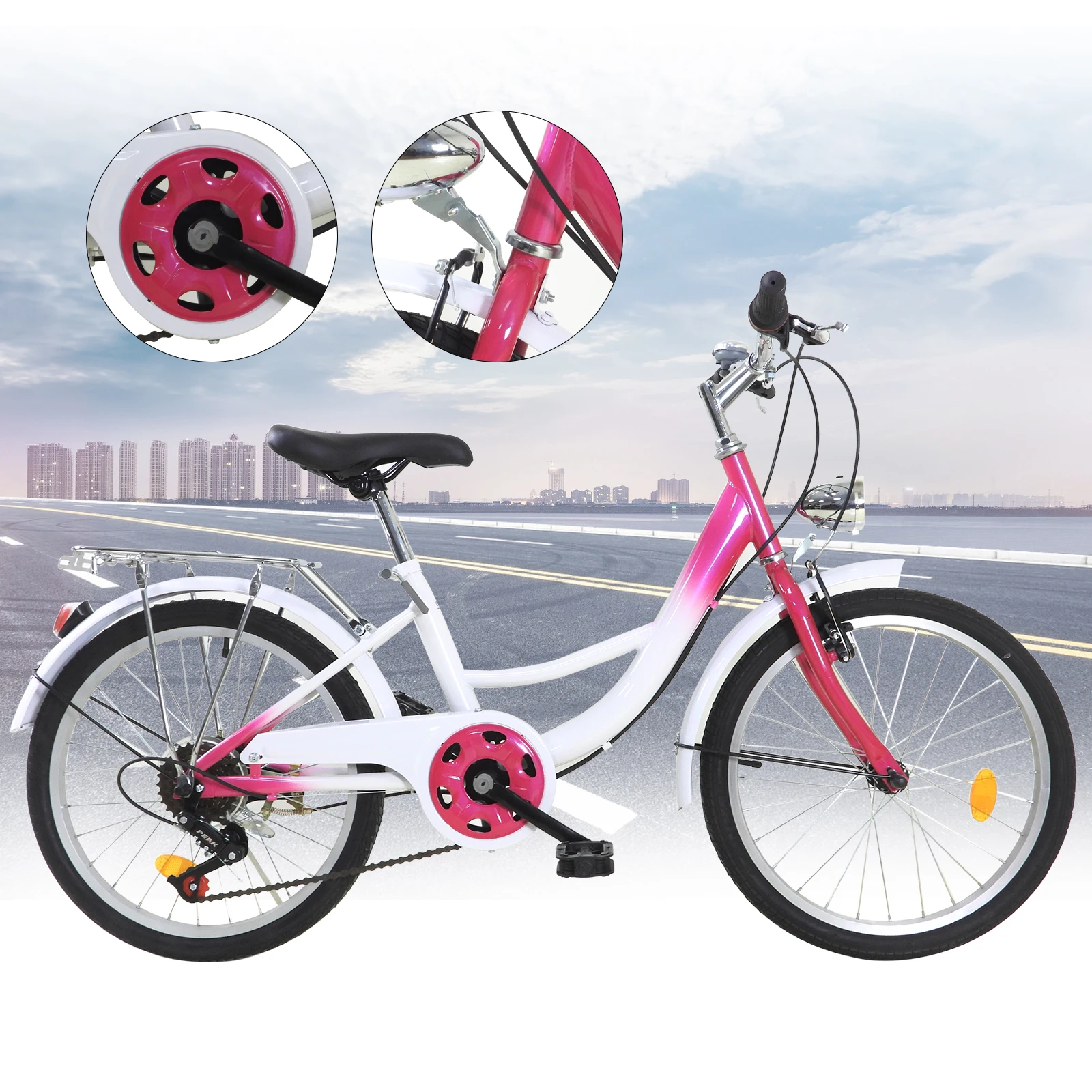 20 Inch 6-Speed Bicycles Pink Teenager Bicycle Bike With Lamp  and Steel Chain City bike