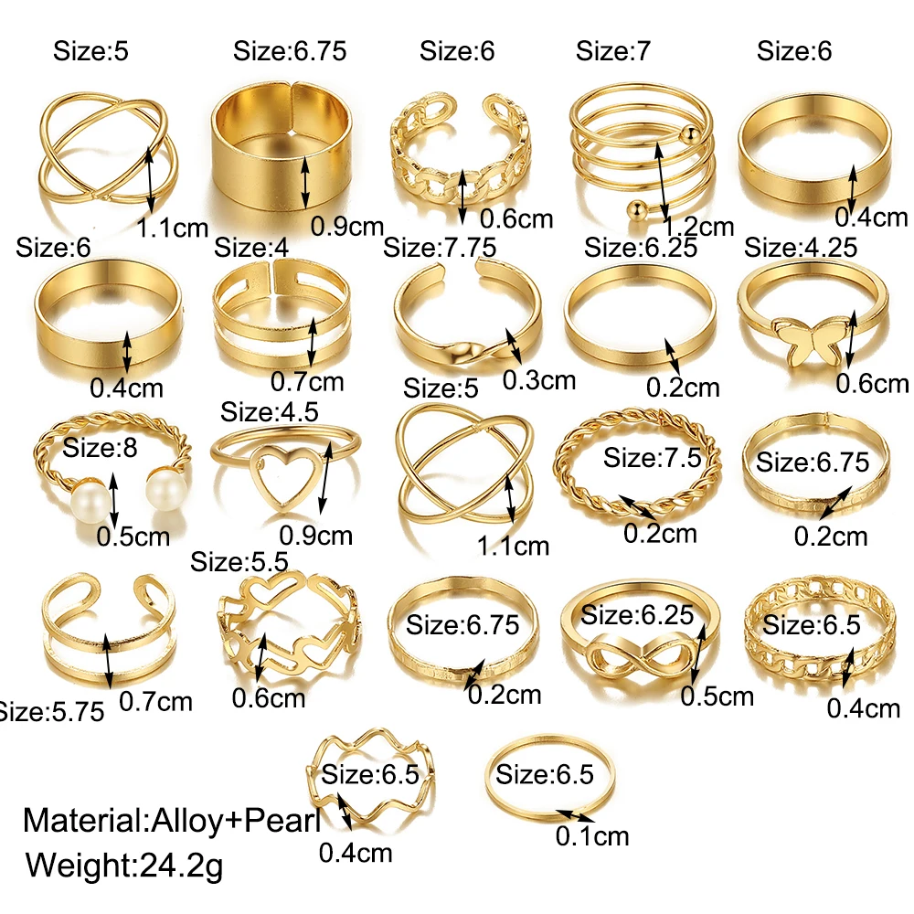 17KM Metal Gold Color Rings Set Twist Hollow Rings for Women Pearl Vintage Butterfly Rings Geometric Trendy Jewelry Accessories