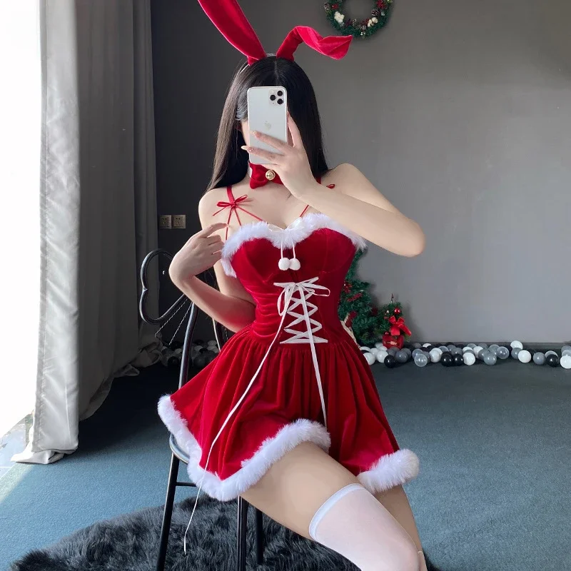 Sexy Cute Christmas Style Costumes Anime Cosplay Rabbit Girl Plush Red Dress Kawaii Bunny Ear Sling Skirt Women's Couples Set