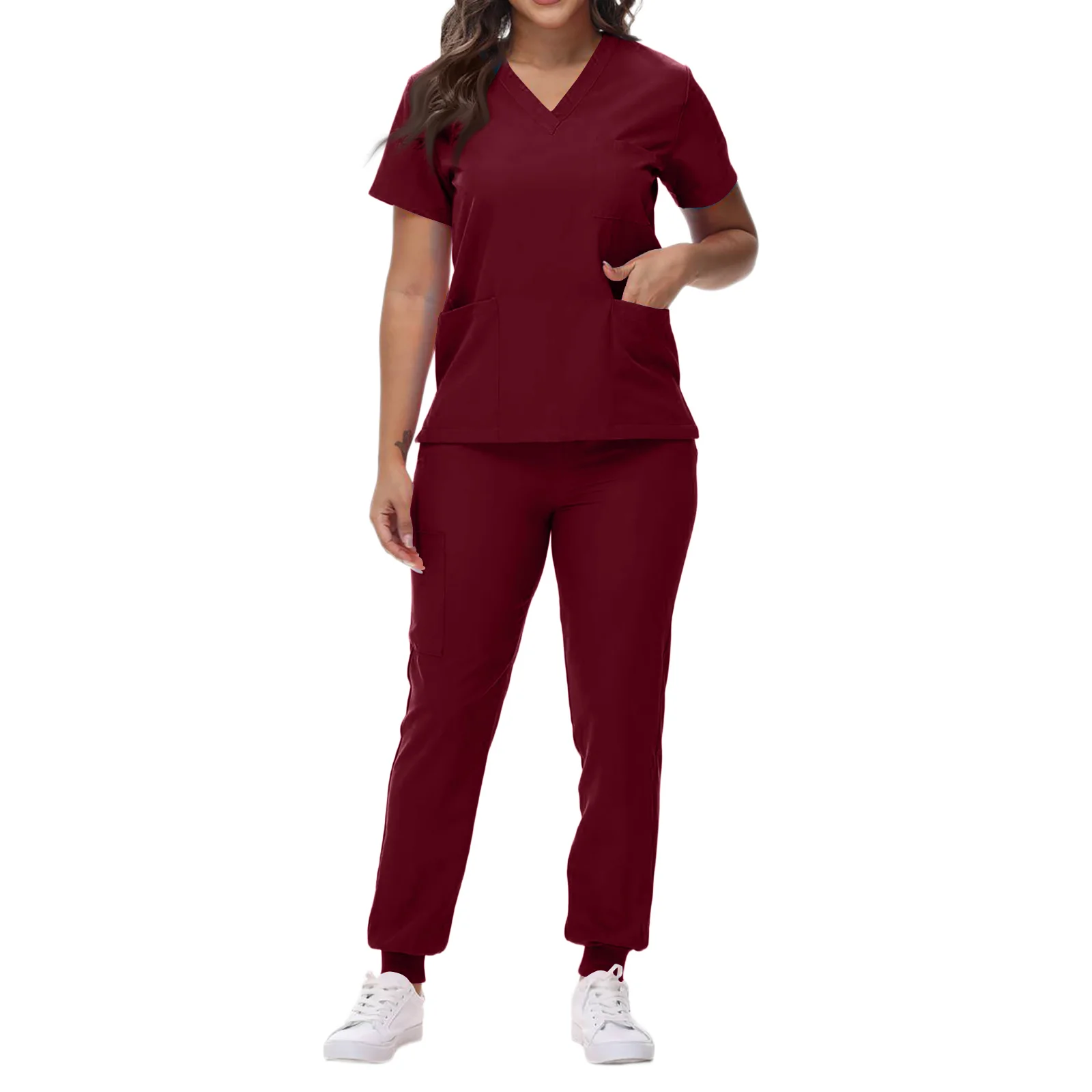 Set scrub da infermiera da donna con scollo a V manica corta pantaloni da jogging multitasche multicolori abbigliamento da lavoro professionale accogliente medico