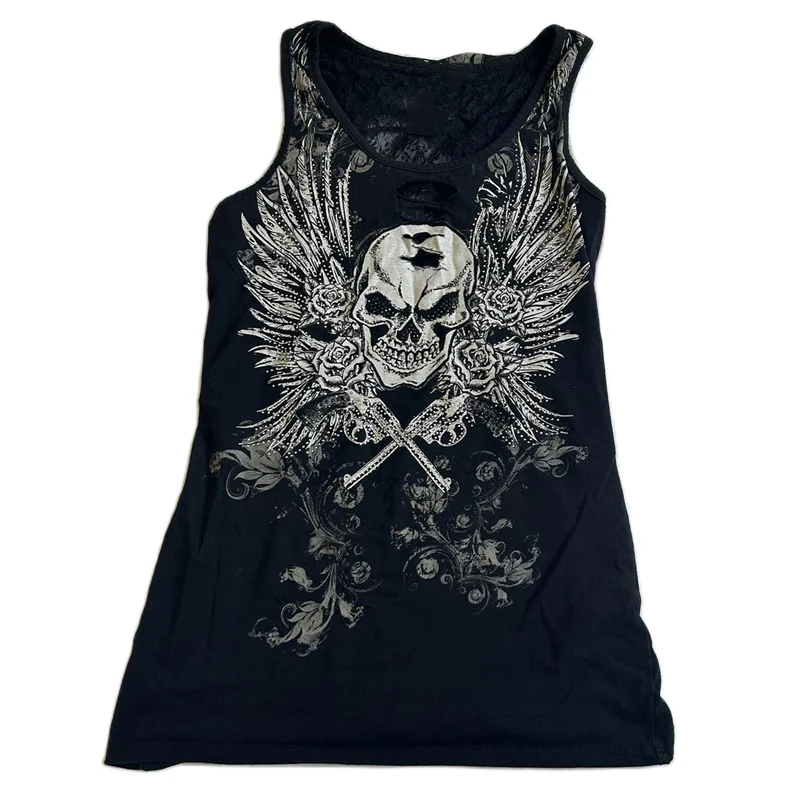 Japanese Emo Lace Backless Crop Top 2000s Skull Wing Print Tank Tops Cyber Grunge Y2K Graphic Sleeveless Vest Women Clothes