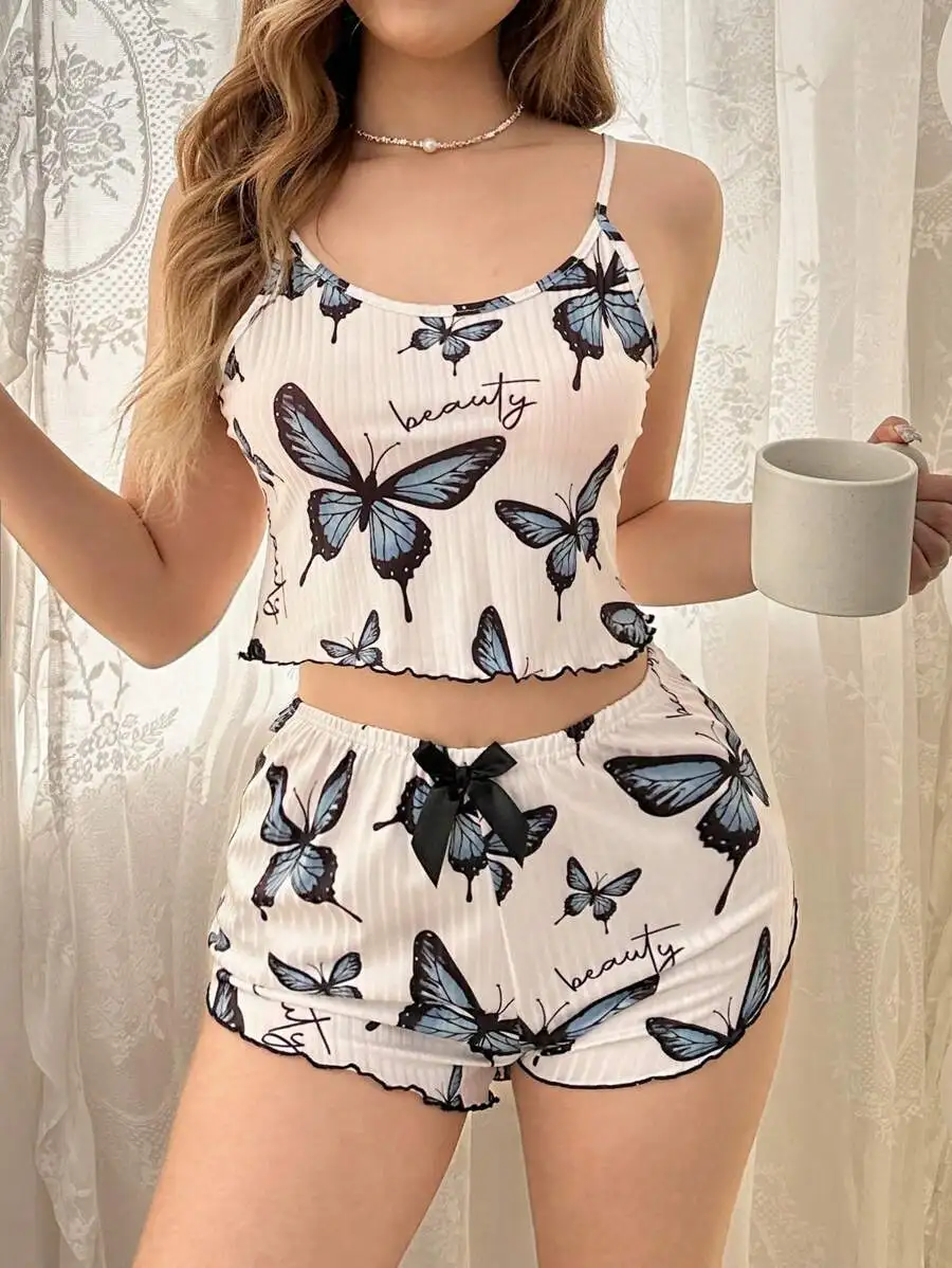 

Women Butterfly Print Cami Top And Shorts Pajama Set Cozy Elegant