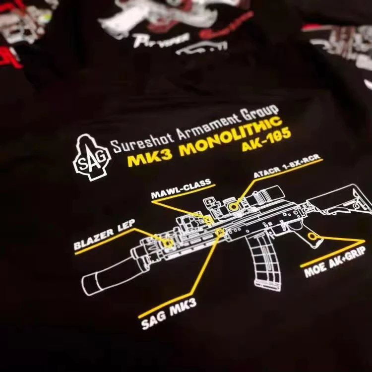 Monochrome Line Drawing MK3 Monolithic AK 105 Upgrade Gun Print T Shirt Double Sided SAG Brand All Tactical