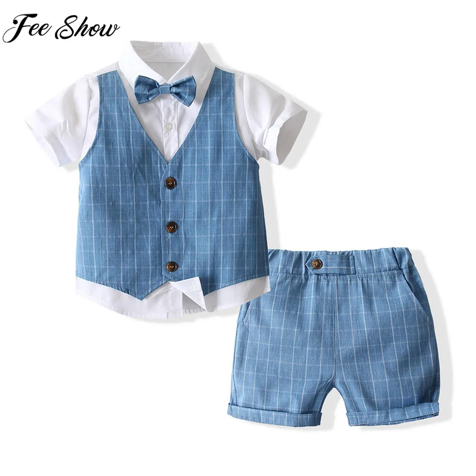 

Baby Boys Gentleman Suit Birthday Baptism Costume Short Sleeve Fake Two-piece Top with Bow Tie and Shorts Sets for Wedding Party
