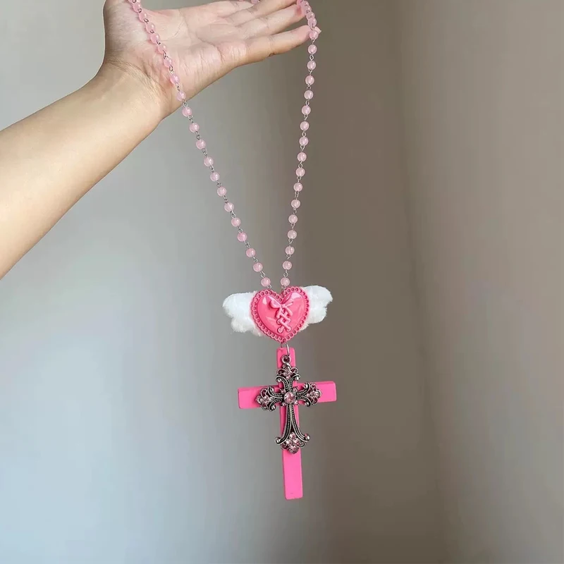 Y2K Jewelry Pink Color Bead Crystal Cross Pendant Necklace for Women Fashion Punk Bow Tie Heart Necklace Accessorie Korean Charm