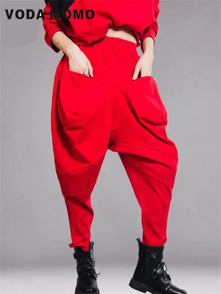 Spring Big Pockets Spliced Irregular Trend Elastic High Waist Women New Loose Wide Leg Haren Pants Streetwear Casual Joggers