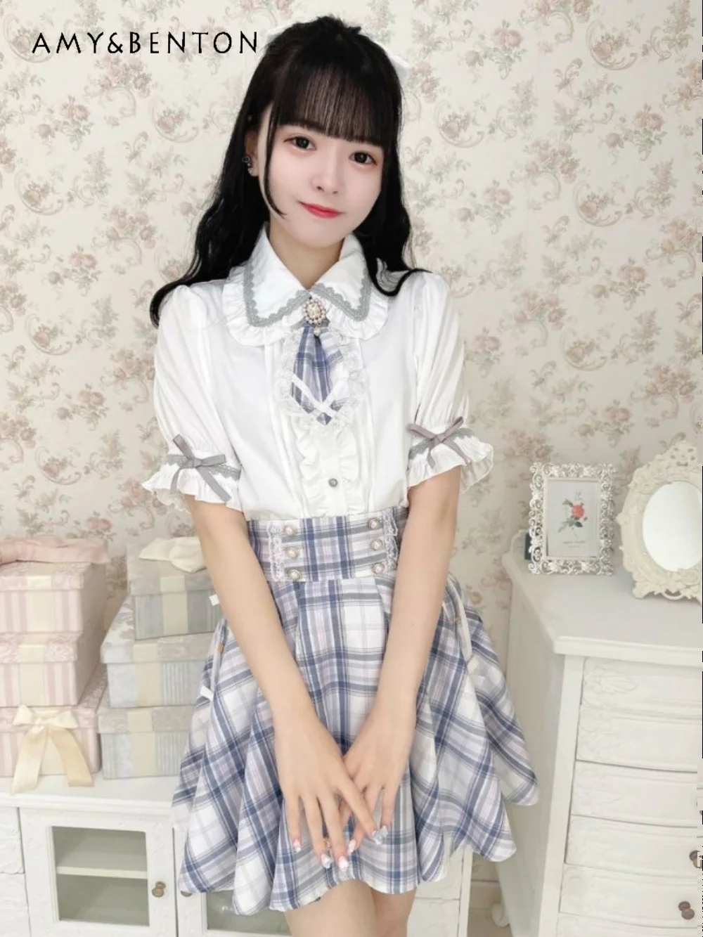 

Japanese Mine Mass-Produced Color Tie Short Sleeve Shirt Women Summer New Sweet Cute Loose Slimming Lolita Shirt Jk Camisas