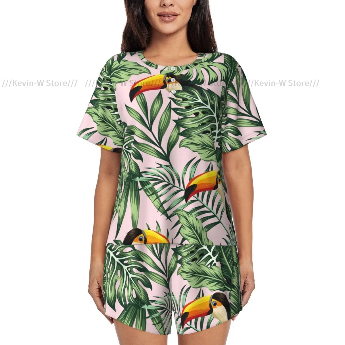 Woman Pajamas Set Exotic Tropical Green Jungle Palm Monstera Leaves With Bird Toucan Summer Short-Sleeved Female Suit Homewear