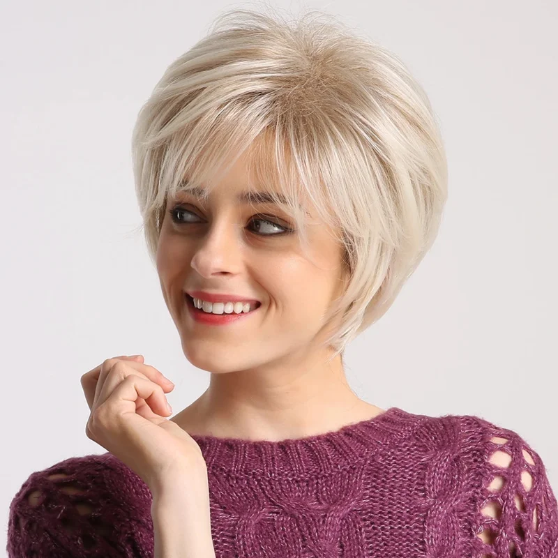 ESIN Synthetic Wigs Light Brown Ombre White Blonde Short Hair Natural daily Wig With Bangs Wave Front Bob wig Women's wigs