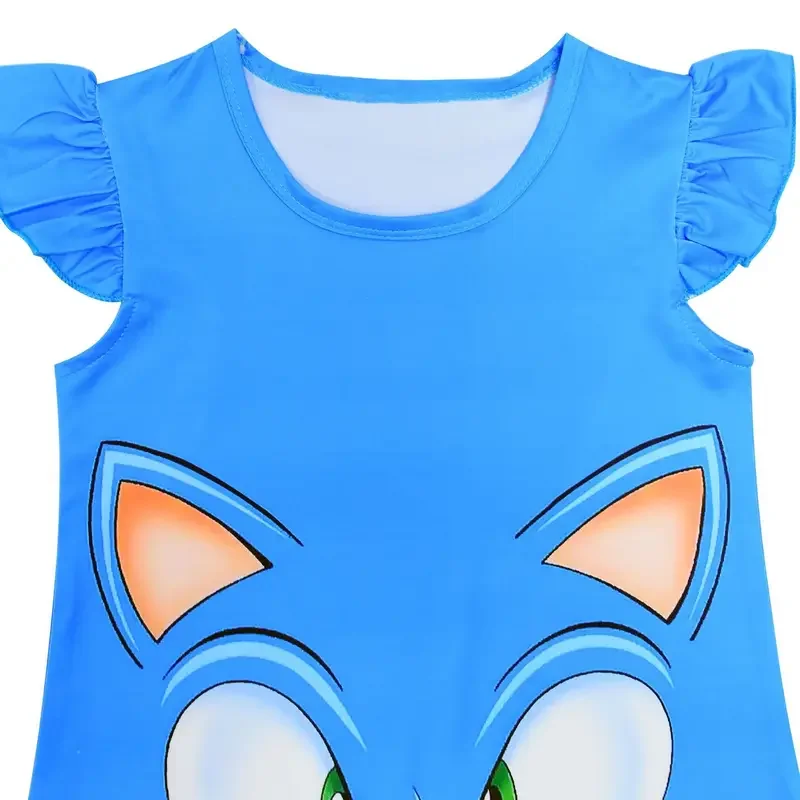 2025 New Kids Girls Sonic Anime Cartoon Ruffle Blue Short Sleeves Dress Outfit Christmas Halloween Cosplay Costume AA