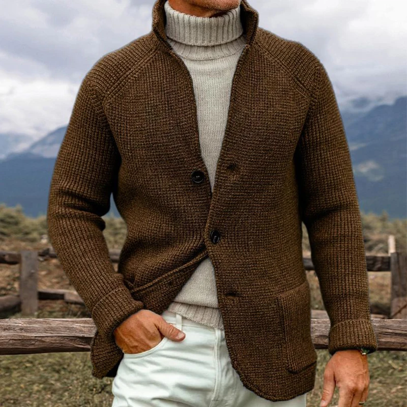 Plus Size Mens Knitted Cardigans 2025 Spring Fashion Stand Collar Buttoned Sweater Jackets Men Vintage Solid Color Slim Sweaters
