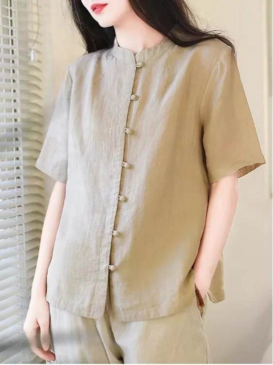 

Retro Loose Fit Cotton Linen Short Sleeve Pure Color Shirt Women's Summer 2026 New Style Artistic Flax Sharp Collar Top