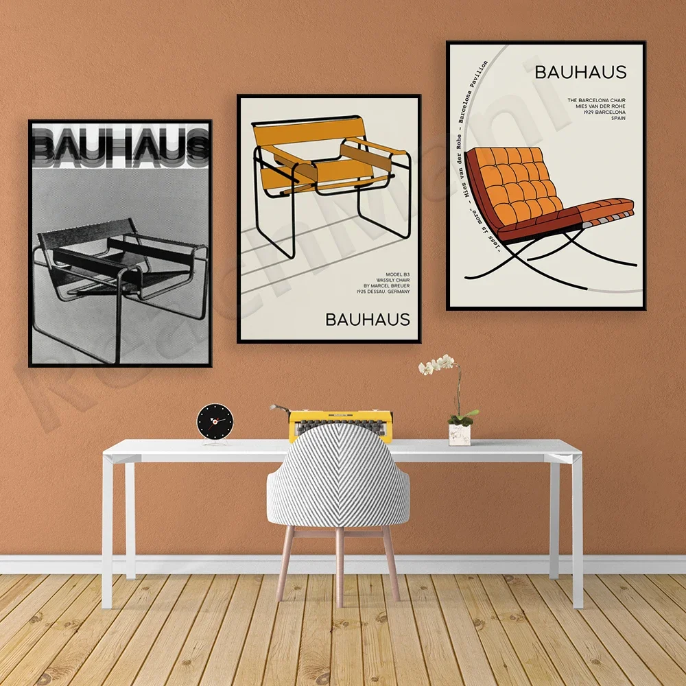 Bauhaus prints, Wassily chairs, Barcelona chairs exhibition poster, minimalist abstract scandinavian office decor