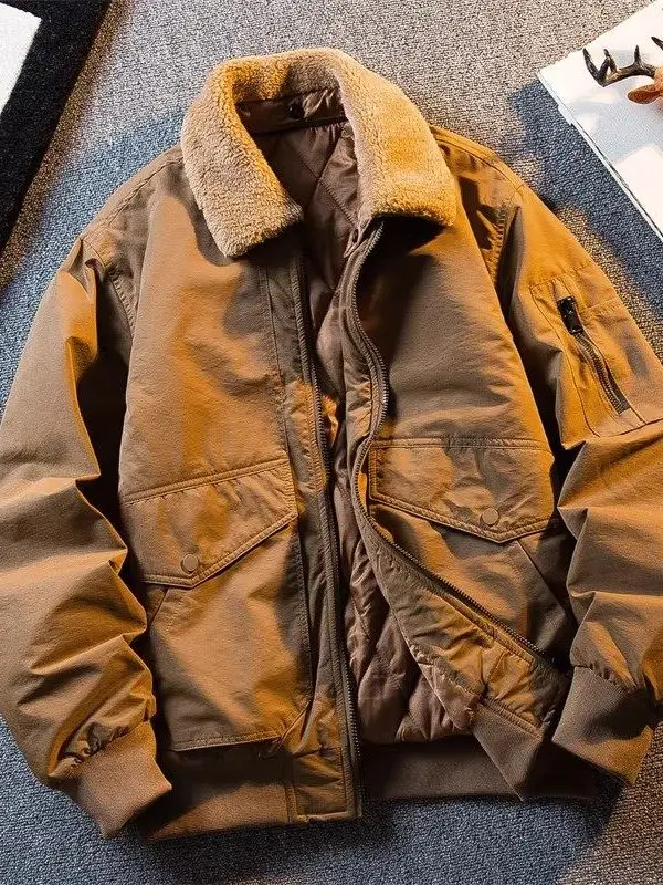 

Американский ретро-классический мужской зимний утепленный бейсбольный пиджак-куртка из полиэстера и хлопка...