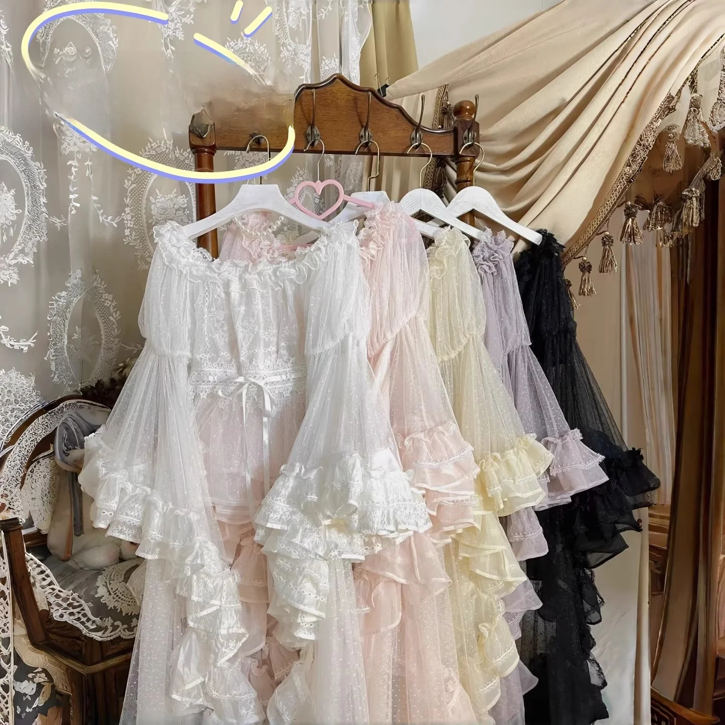 Lolita Style Lace Trim Shirt  Sleeve Mesh Dot One Shoulder Loose Fit Long Sleeve Women's Shirt Fairy Wind Inner Wear