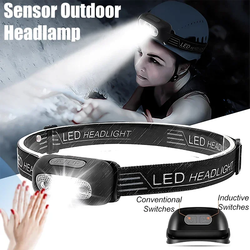 Powerful LED Headlamp Adjustable Wave Sensor Switch Flashlight USB Rechargeable Waterproof Torch Outdoor Camping Fishing Lantern