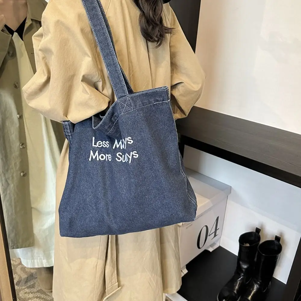 กระเป๋าสะพายผ้าใบ DENIM กระเป๋า Street สไตล์ขนาดใหญ่ความจุกระเป๋าถือ VINTAGE เย็บปักถักร้อยช้อปปิ้งกระเป๋า Tote กระเป๋าสาว