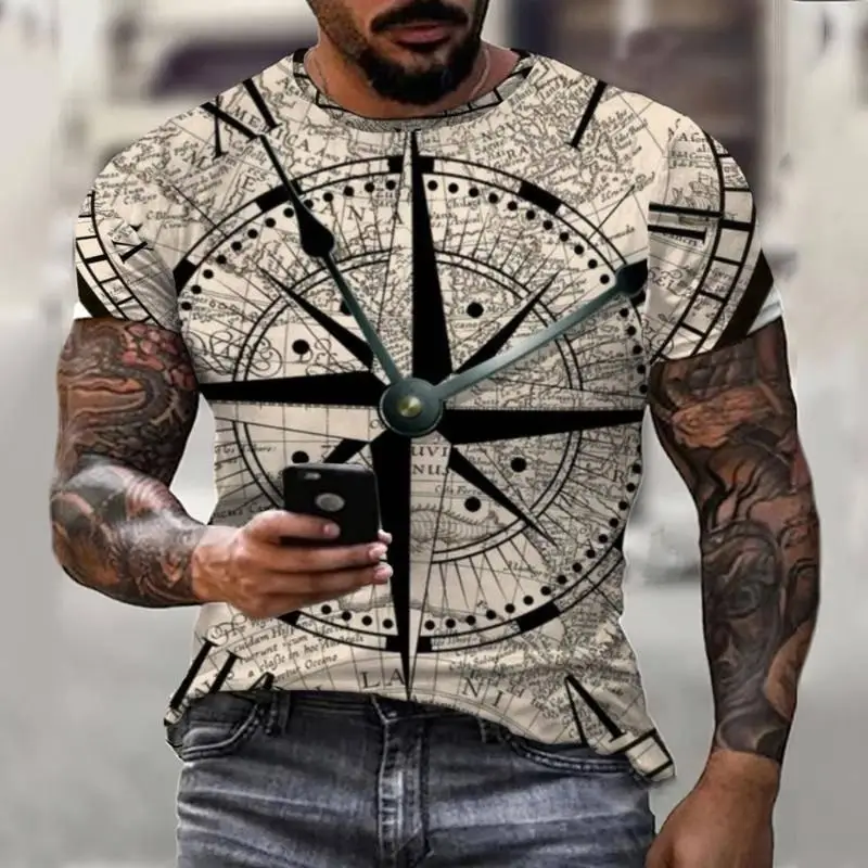 Summer Vintage Compass T Shirt Men 3D Printing Tshirt Fashion Street Harajuku T-shirt Short Sleeve Oversized Top Men's Clothing