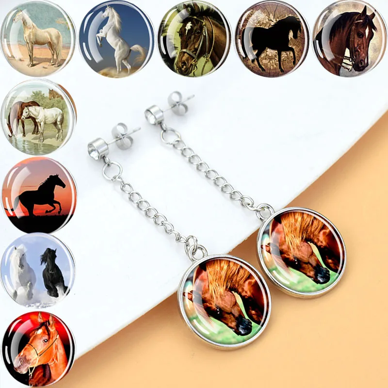1pair Running Horse Theme Freedom Time Gemstone Long Chain Earrings Glass Cabochon Pendant Earrings Fashion Accessories Gift