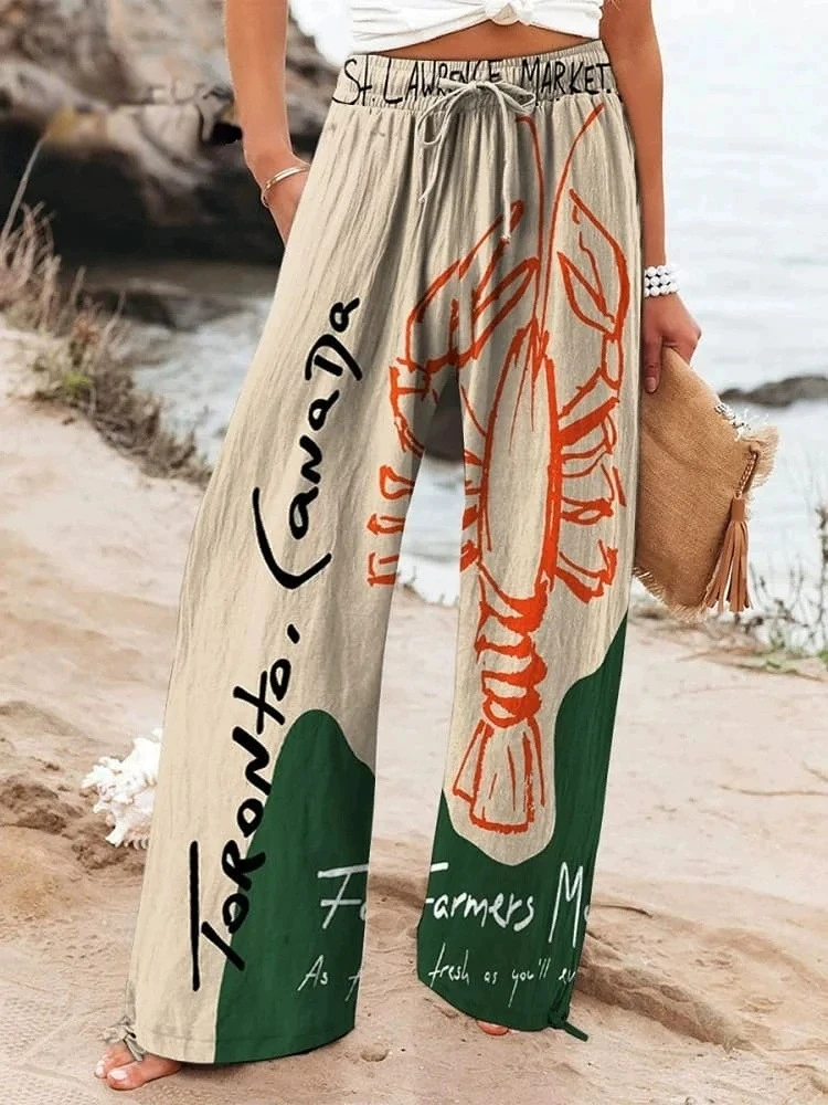 

Fashion Print Loose Pants For Women Casual Mid Waist Wide Leg Long Pants Lady Holiday Beach Streetwear Womens Clothing Spring