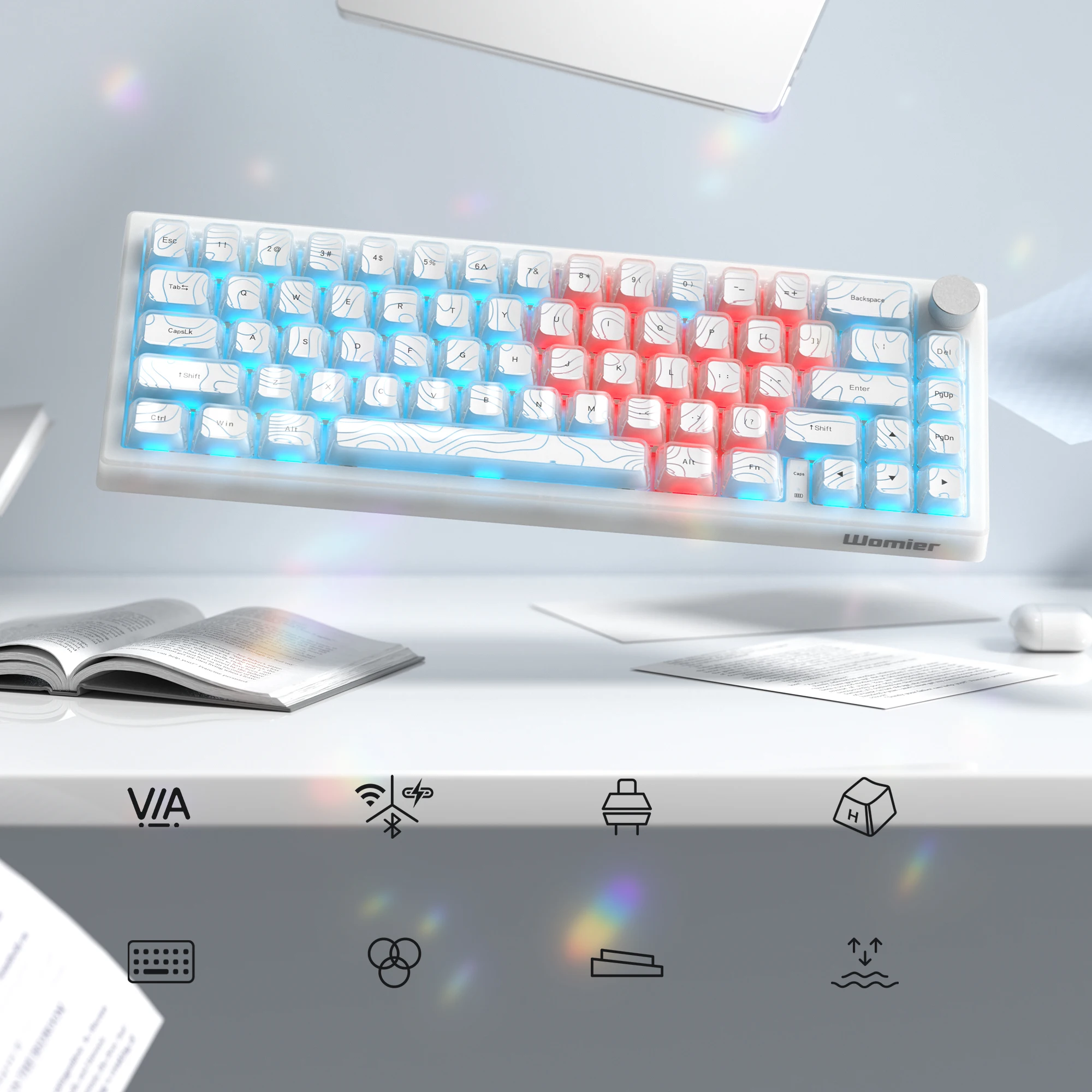2025 Super New White Topographic Q61 QMK/VIA Gamer Keyboard RGB Gasket Hot Swap 3 Modes Wireless Mechanical Keyboard with Knob