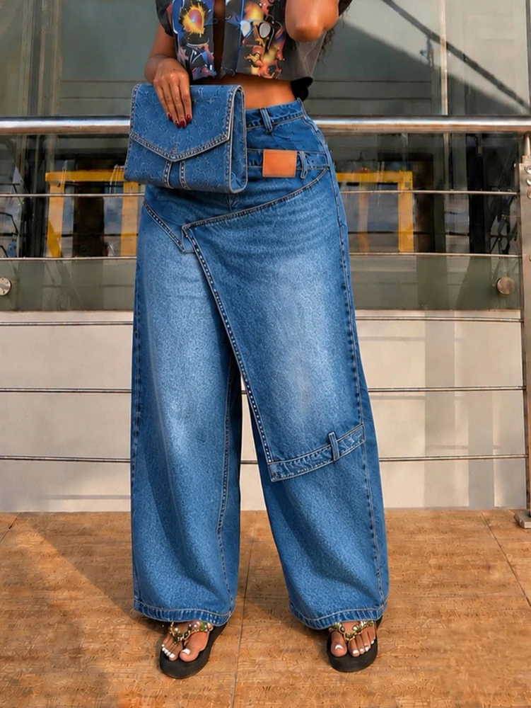 JENYAGE Women Trendy Unique Asymmetrical Wrap Denim Pants High Waist Wide Leg Jeans Decorative Strap Streetwear Baggy Trousers