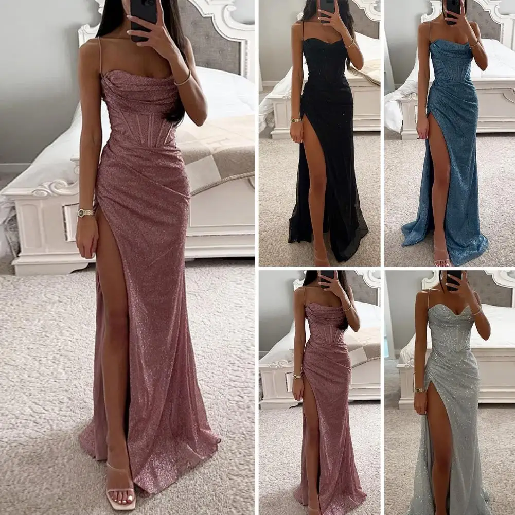 Versatile Party Dress Elegant Sequin Spaghetti Strap Evening Dress with Off Shoulder High Split for Women\'s Prom Floor Length