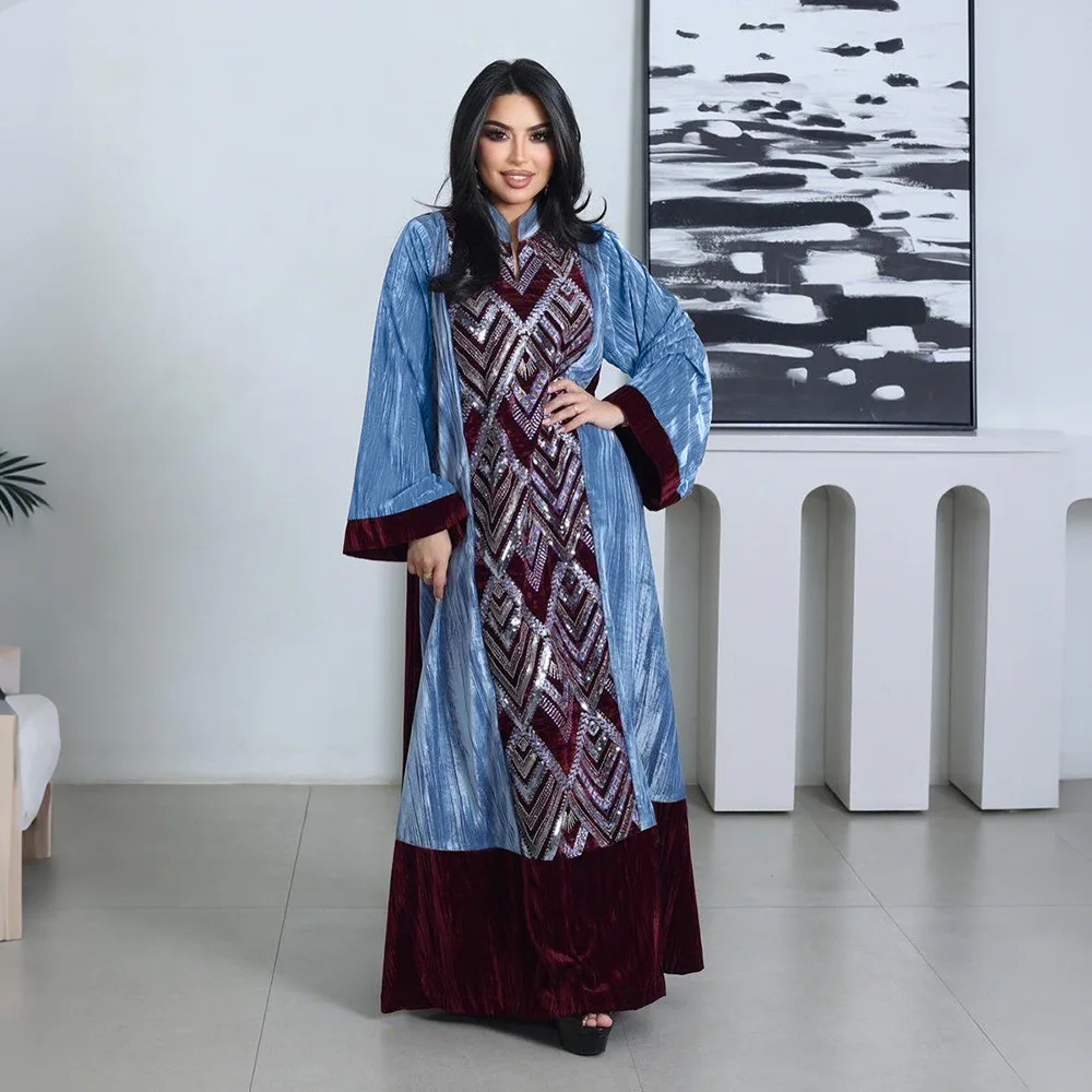 

Модное платье SuperAen из плиссированной ткани с пайетками, осеннее новое, с воротником-стойкой, стразами, контрастными цветами, свободного кроя, без рукавов