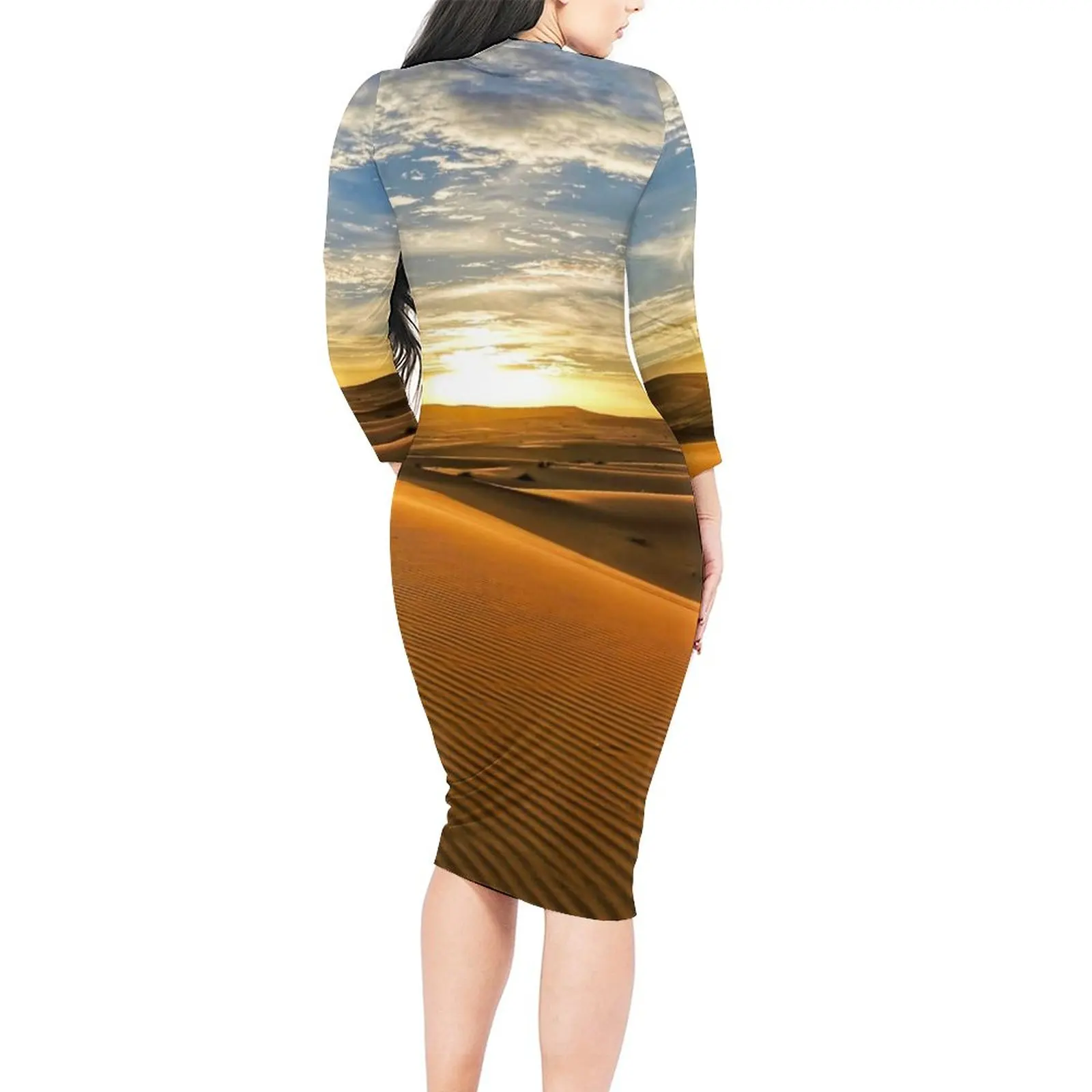 Sahara Desert Bodycon Dress Women Sunset Print Stylish Dresses Spring Long Sleeve Aesthetic Pattern Dress 3XL 4XL 5XL