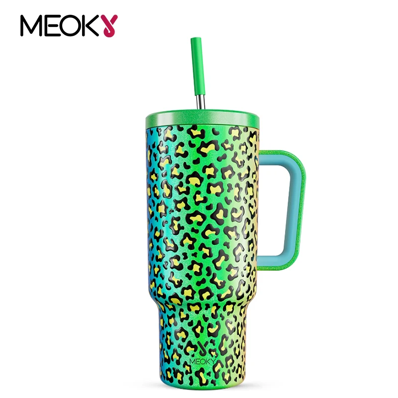 Meoky 40oz Insulated Travel Mug with Handle Straw Stainless Steel Non-Slip Leak-Proof Gradient Leopard Coffee Cup Vacuum Car Mug