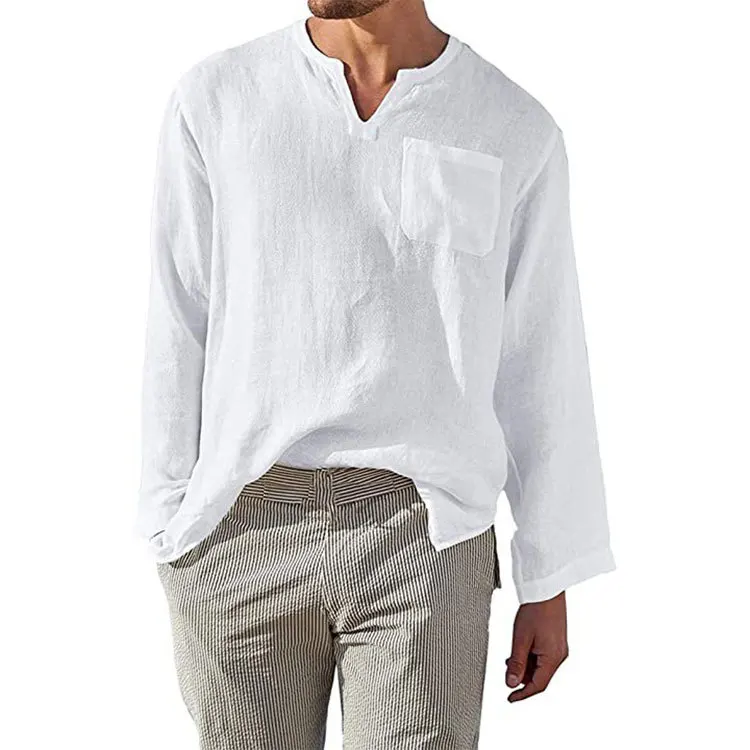ゆったりとした長袖のリネンコットンシャツ-快適で通気性のあるカジュアルなホームウェア-プリントデザイン-春シーズン-ユニセックスシャツ