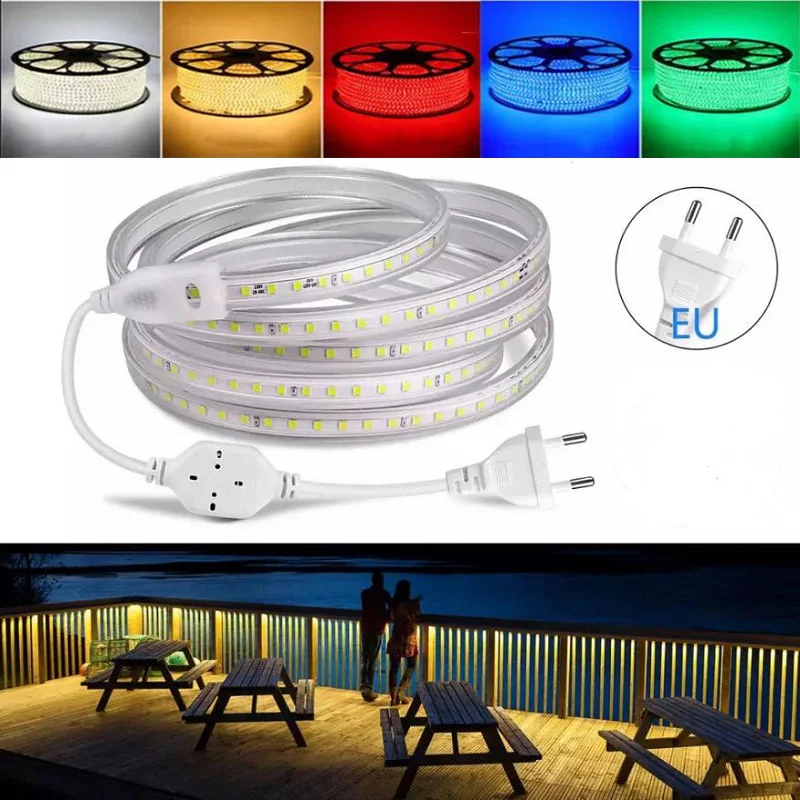 AC 220V LED Strip Lights Waterproof 60Leds/M High Brightness Flexible Kitchen Outdoor Garden Lamp Tape With Switch Power Plug