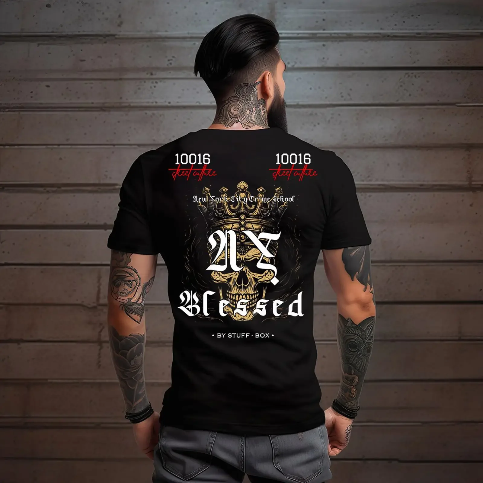 Neu Stuff Box Blessed T Shirt in Schwarz für Männer Mega Look Streetwear vintage Washed Top For Everyday Wear Slightly homme