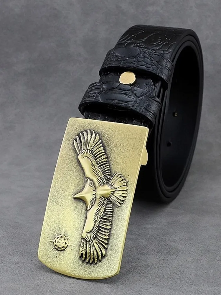 Mens New Designer Eagle Buckle Cowhide Genuine Leather Belt Vintage Crocodile Pattern Wasitband Casual Waistband For Jeans