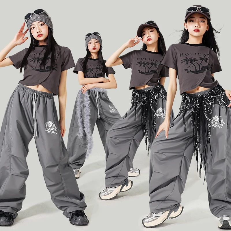 

Jazz Dance Costume Children Street Dance Hip Hop Pants Grey Crop Tops Girl Fashion Clothes Kpop Stage Outfit Streetwear AMY1836