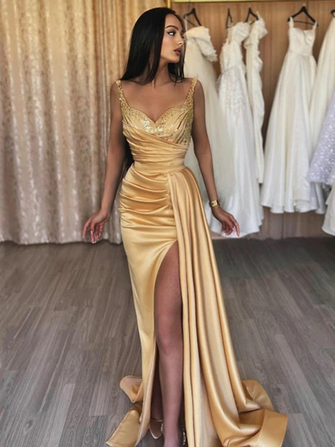 

IRIDESCENT Sweetheart Beading Pleats Prom Dresses Spaghetti Strap Evening Dress Side Split Formal Celebrity Party Gowns