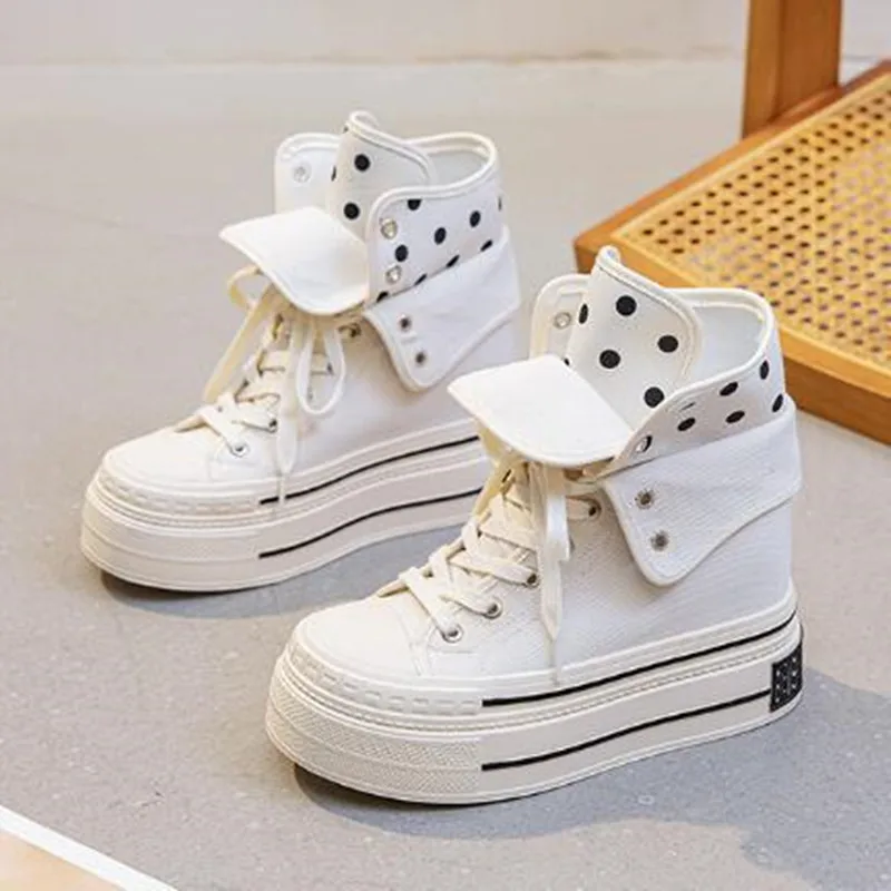 Brand Fresh Women Canvas Shoes High Top Female Students School Black Sneakers Middle Cut Comforable 2026 New Autumn Casual Shoes