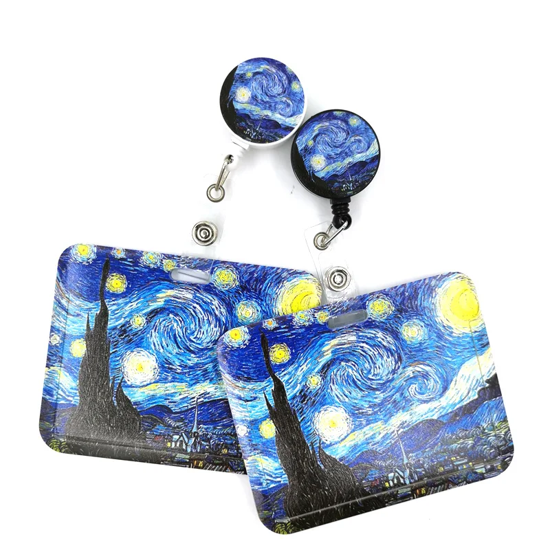 Art Van gogh Oil Painting Starry Sky Card Holder Women Men Business Lanyard Badge Women Student Lanyard ID Name Card Holder Bags