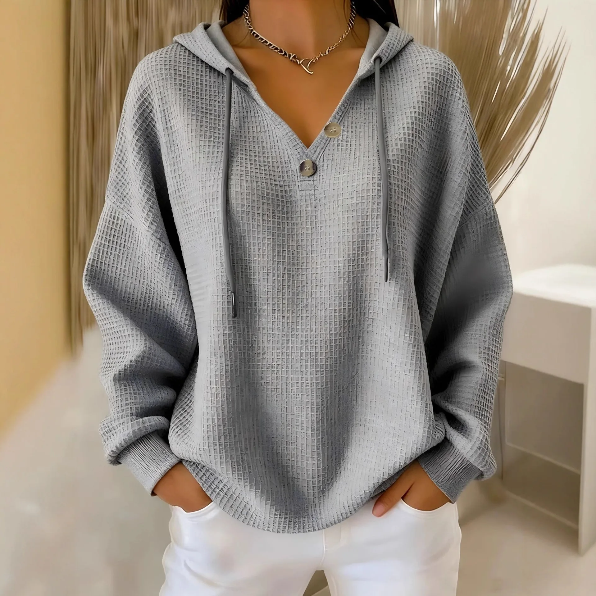 Felpa con cappuccio abbottonata con scollo a V in waffle tinta unita da donna europea americana autunno inverno 2025