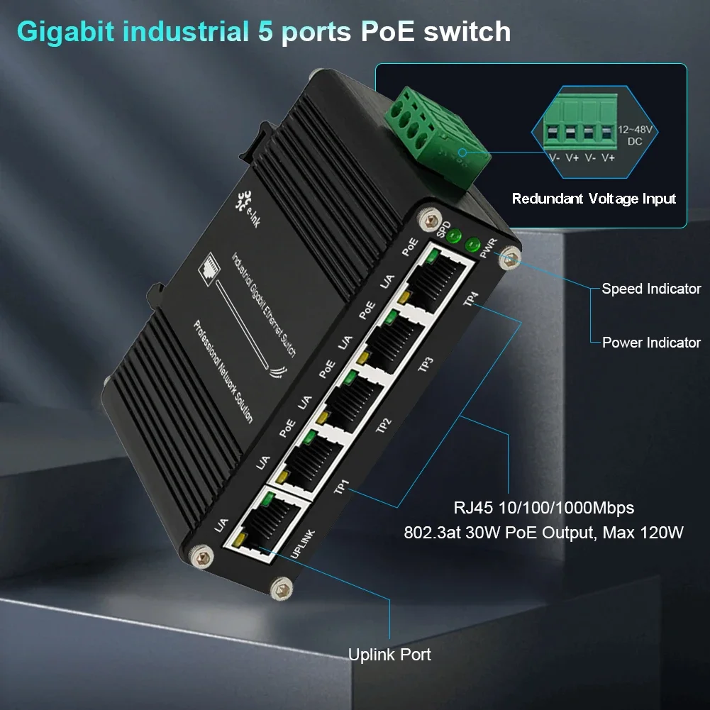 5-Port Industrial Gigabit Ethernet 1000m RJ45 VLAN PoE Switch DIN Rail IP40 Wide Temperature for Harsh Environment in Stock
