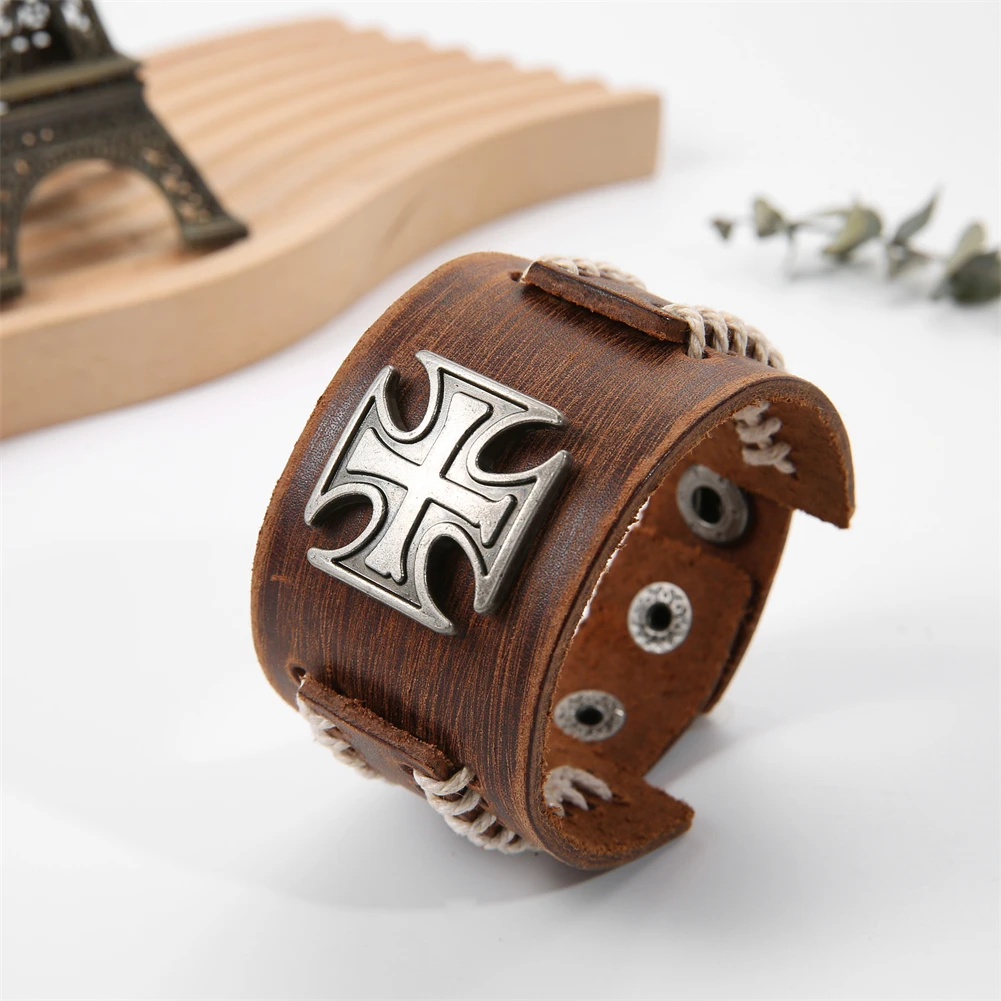 2024 Charm Jewelry Handmade Weave Genuine Leather Bracelet Men Vintage Cuff Wide Leather Cross Bracelet Pulsera Hombre