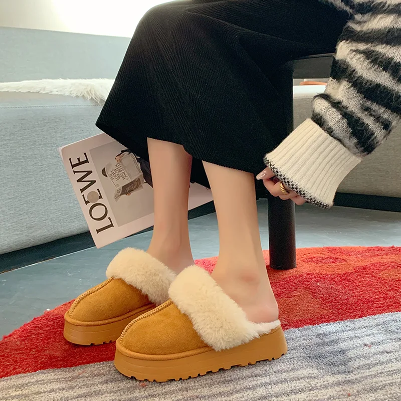 

2025New Women's Fur House Slippers Indoor Non-slip Thick Sole Fluffy Bedroom Slides Winter Fuzzy Shoes Warm Plush Cotton Slipper