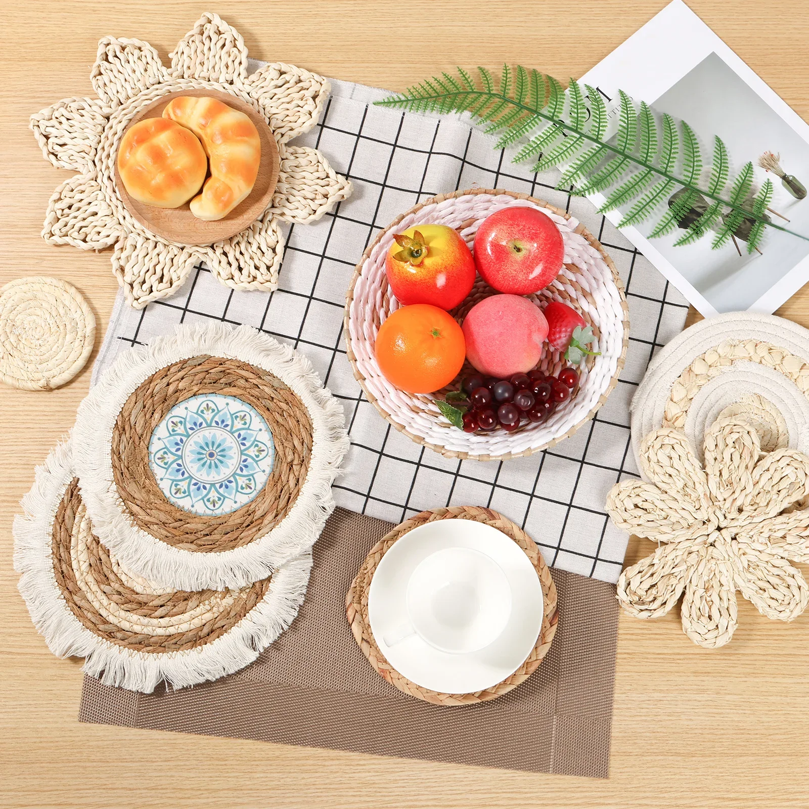 

8PCS Wall Basket Décor Set Round Wall Hanging Woven Basket Rustic Woven Basket Wall Decoration Handcrafted Basket Wall Art Decor