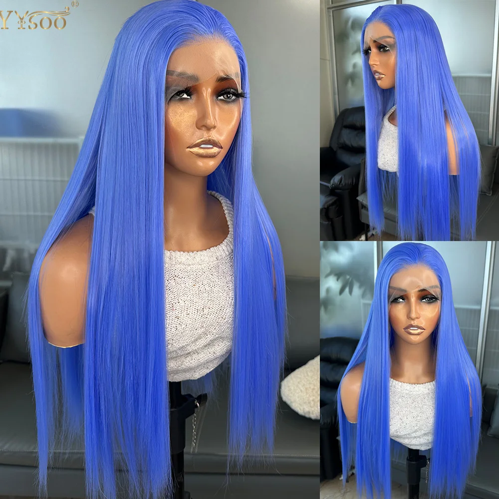 

Long Heat Resistant 13x4 Synthetic Lace Front Wig Pre Plucked Hairline Blue Color Silky Straight Half Hand Tied Wigs for Women