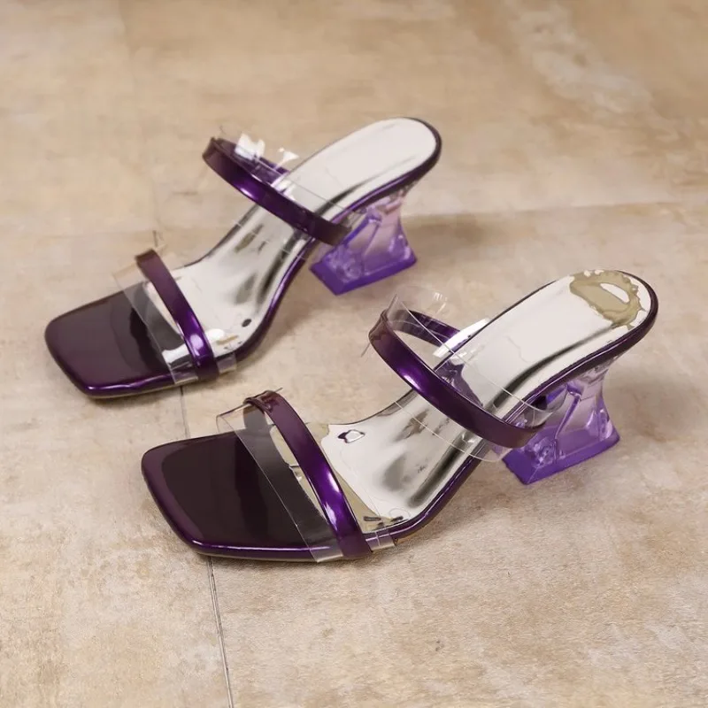 Crystal Special Heel Slippers Summer New Square Toe Transparent One Strap Anti-slip Wear-resistant High Heels view 2