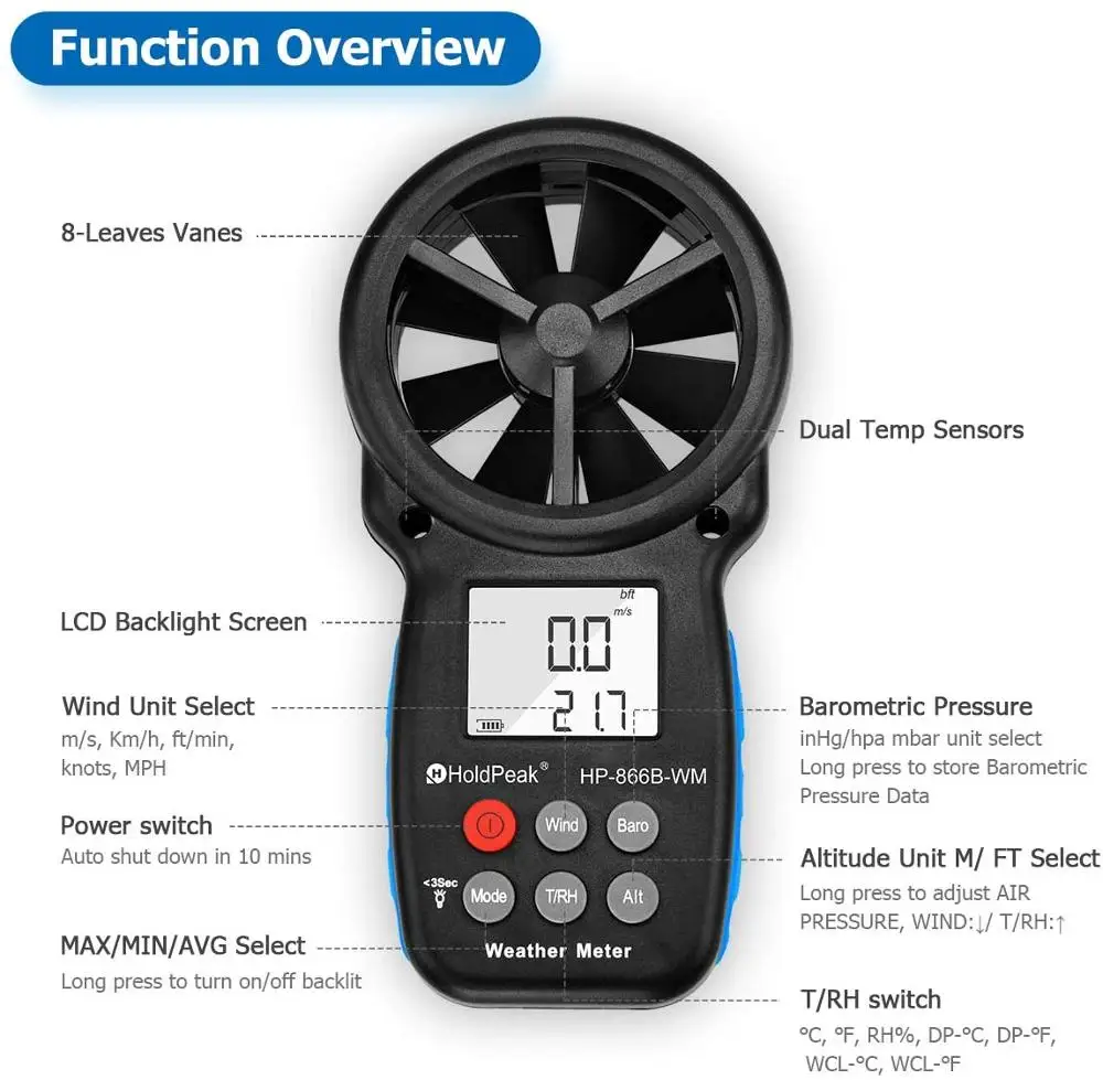 

HoldPeak 866B-WM Digital Anemometer for Measur Wind Speed,Temperature,Dew point Wind Chill with Backlight and Humidity Tester