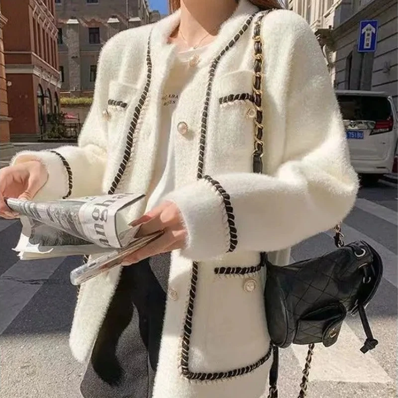 

Элегантный женский кардиган на осень-зиму 2025 года, пальто из мягкой норки и плюша, свободный вязаный свитер, верхняя одежда с открытой передней частью