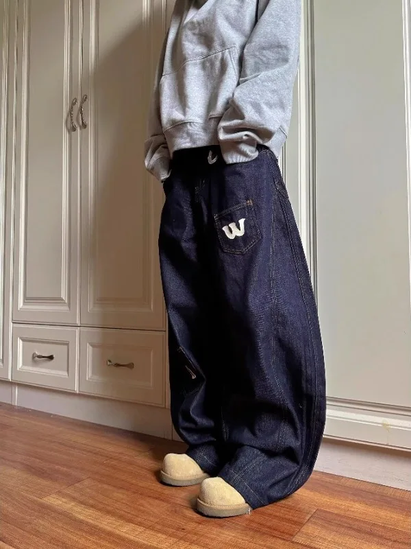 

American Retro Original Color Denim Knife Men's Jeans Loose Casual Letter Print Floor Length Wide Leg Trendy Pants