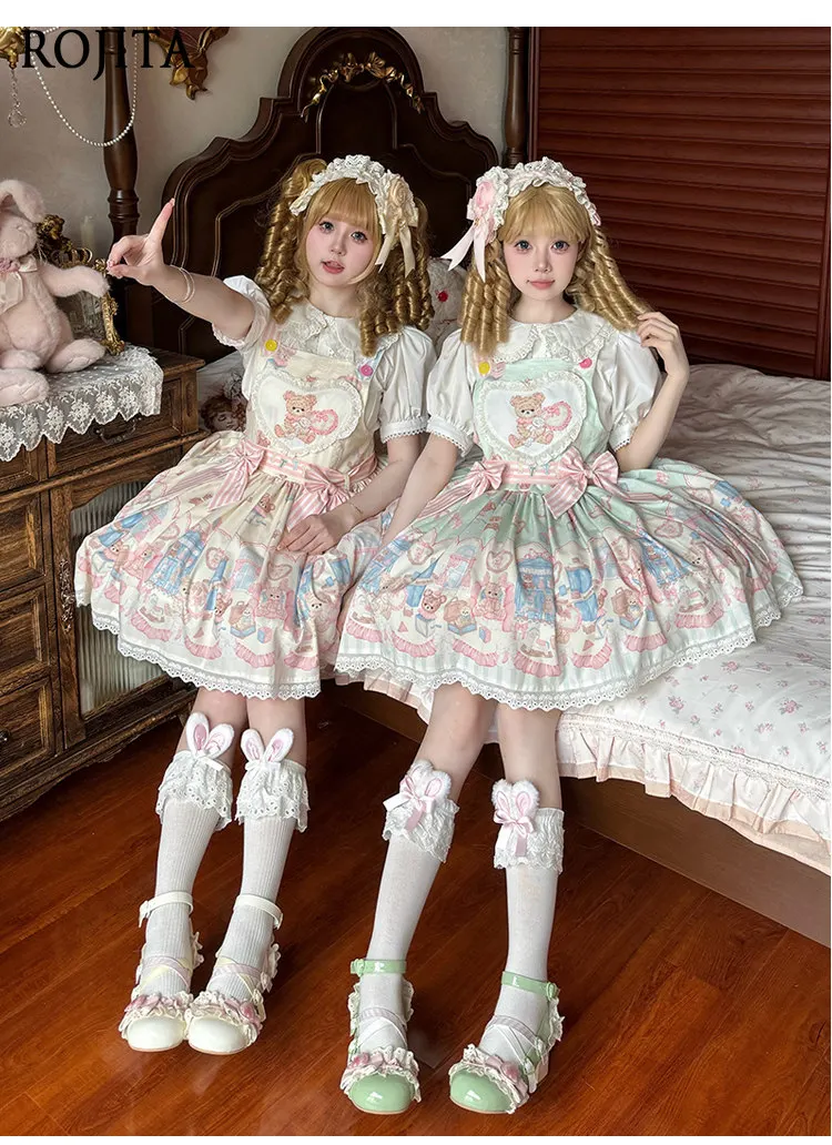 

Оригинальное платье Лолита с бретельками, милое повседневное летнее платье Лолита JSK + пояс + бант на талии + съемный шлейф на спине